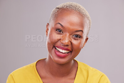 Buy stock photo Cosmetic, smile and portrait of black woman in a studio with beauty, glow or makeup face routine. Happy, excited and headshot of young African female model with facial cosmetology by gray background.