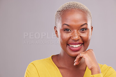 Buy stock photo Happy, makeup and portrait of black woman in a studio with beauty, cosmetic or self care face routine. Smile, excited and African female model with cosmetology by gray background with mockup space.