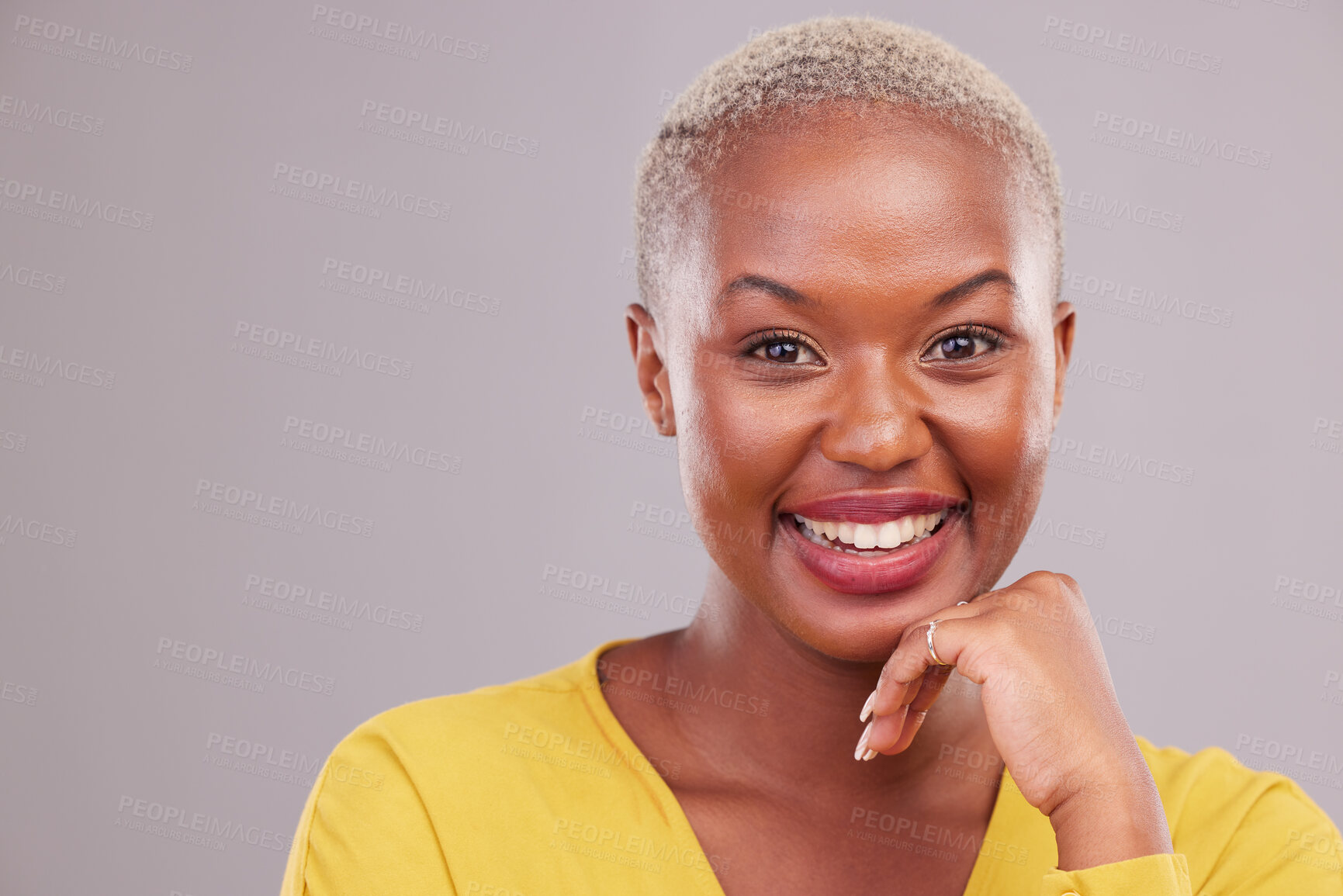 Buy stock photo Happy, makeup and portrait of black woman in a studio with beauty, cosmetic or self care face routine. Smile, excited and African female model with cosmetology by gray background with mockup space.