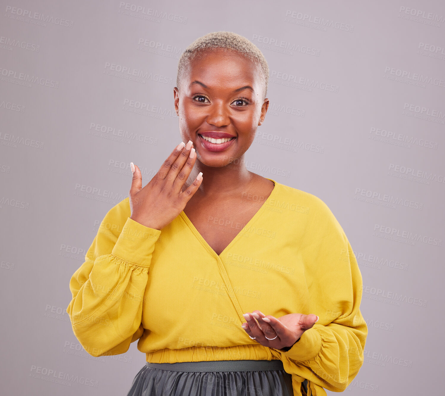 Buy stock photo Surprise, excited and woman palm in studio for wow announcement, deal or promotion. Portrait of African person with hand, emoji or mockup space for presentation, news or marketing on grey background