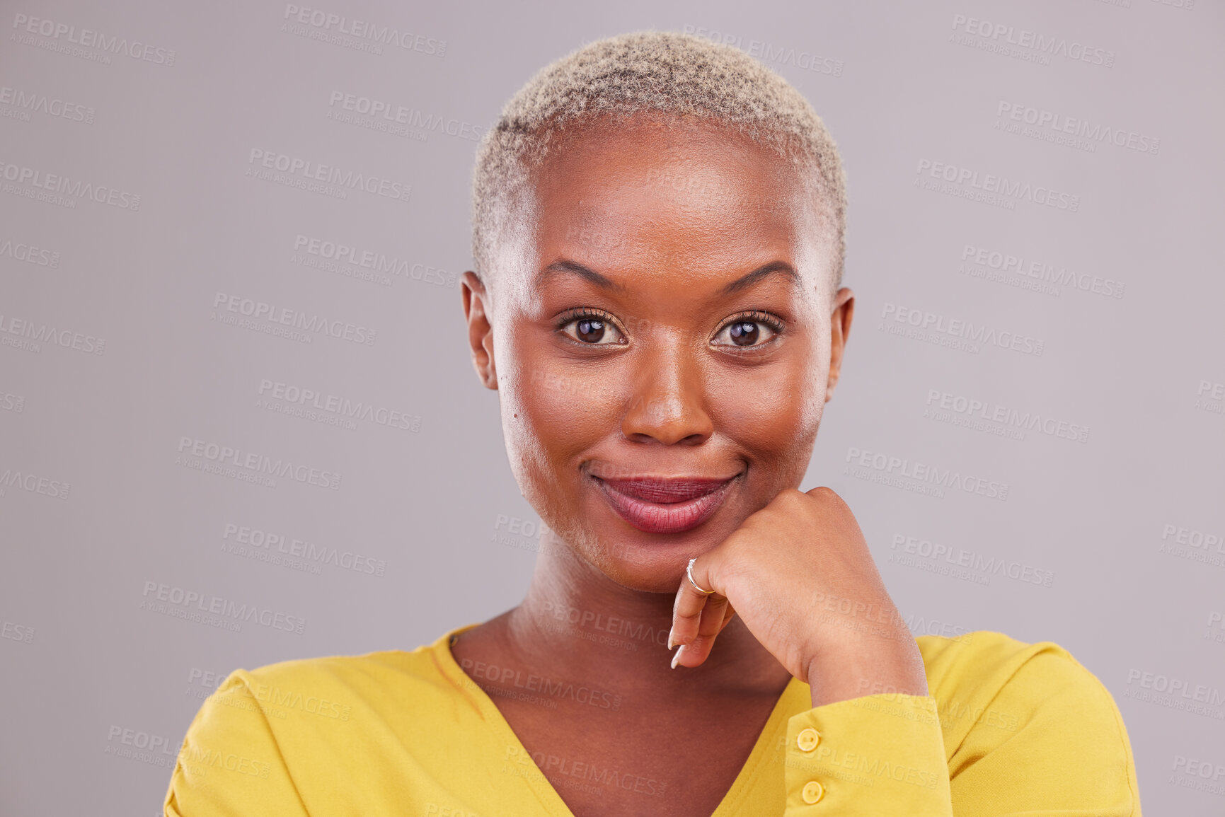 Buy stock photo Beauty, happy and portrait of black woman in a studio with makeup, cosmetic and face routine. Cosmetology, health and headshot of young African female model with facial treatment by a gray background
