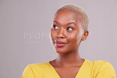 Buy stock photo Thinking, solution and business woman with career, job or project ideas isolated on studio background. Brainstorming, vision and professional african person, employee or worker with future goals