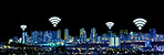 Night, city and wireless network or internet with neon overlay, lights and connection for communication. Cityscape, future technology and icon for location, streaming and connectivity or tower access