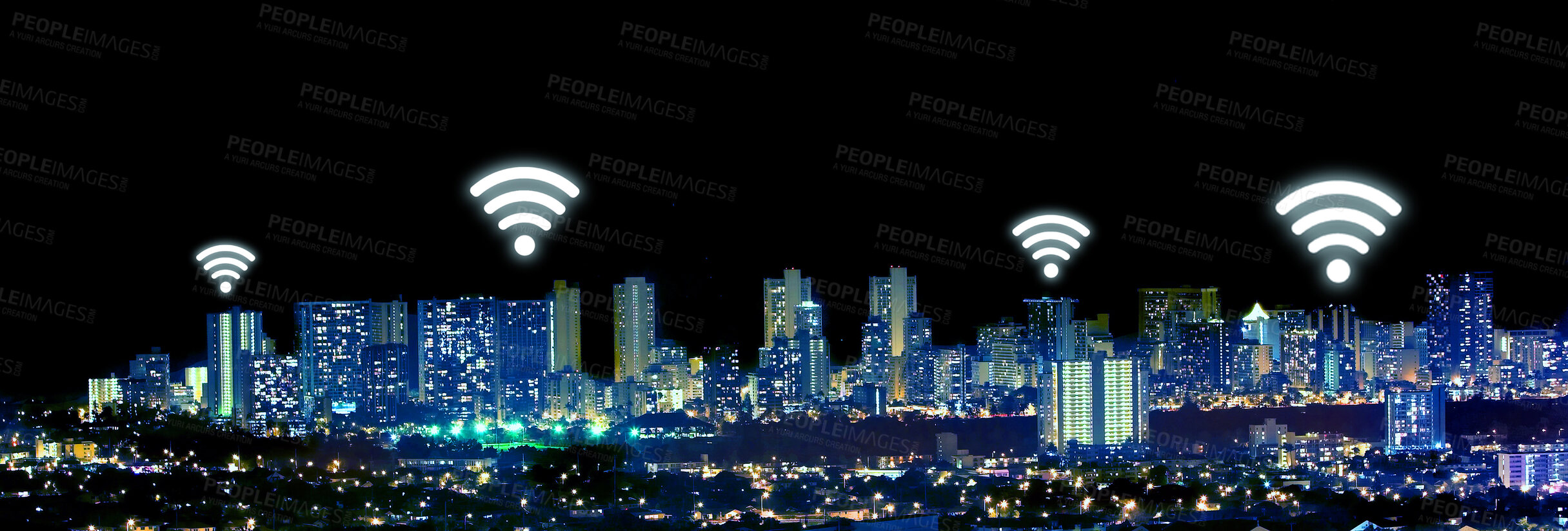 Buy stock photo Night, city and wireless network or internet with neon overlay, lights and connection for communication. Cityscape, future technology and icon for location, streaming and connectivity or tower access