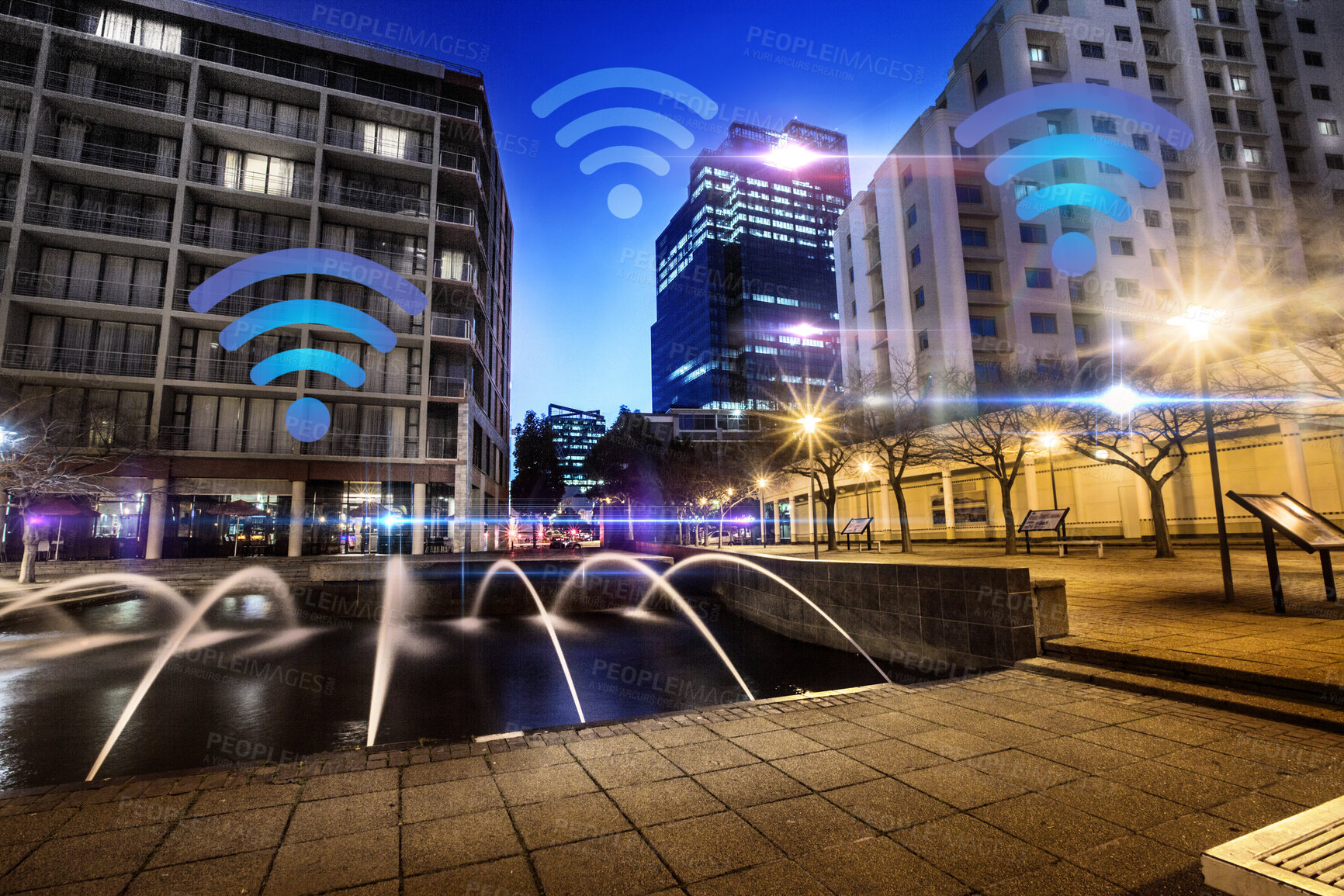 Buy stock photo Network, city and wireless internet at night with neon overlay, lights and connection for communication. Cityscape, future technology and icon for location, streaming and connectivity in Cape Town