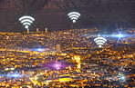 City, internet and wireless connectivity with buildings, technology abstract and communication with top view. Location, connection and urban landscape with light, cyber and digital transformation