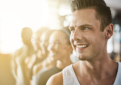 Buy stock photo Happy, man and face in gym with group for fitness, training or friends together in club for exercise or cardio workout. Healthy, people and athlete with happiness in sports, team or wellness goals