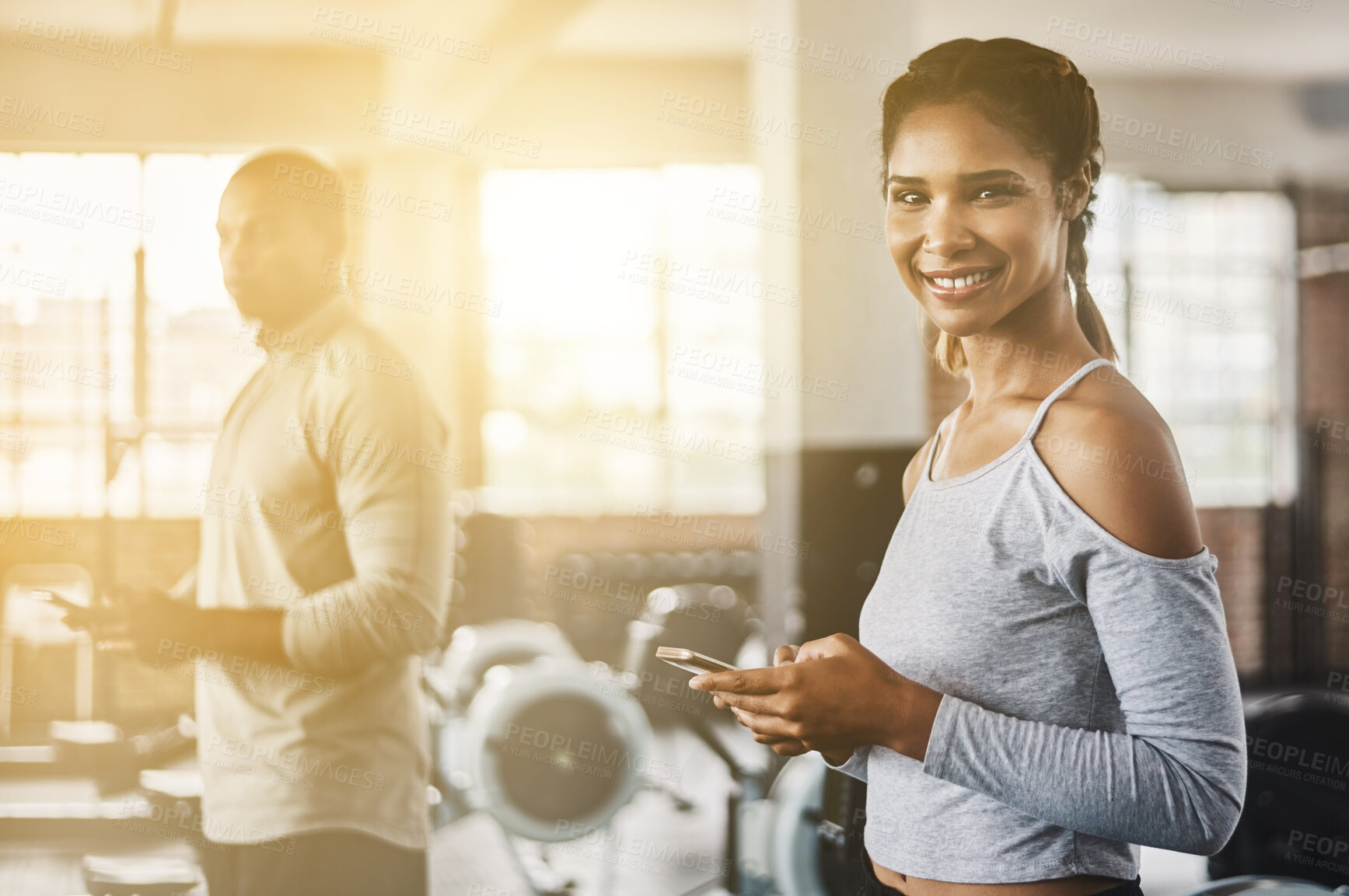 Buy stock photo Fitness, gym and portrait of a woman with a phone for communication, internet and workout app. Happy athlete person with a smartphone for texting, influencer post or online for wellness and health