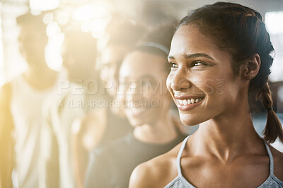 Buy stock photo Happy, woman and face in gym with group for fitness, training or friends together in club for exercise goals or workout. Healthy, people and athlete with happiness or motivation for sports and team