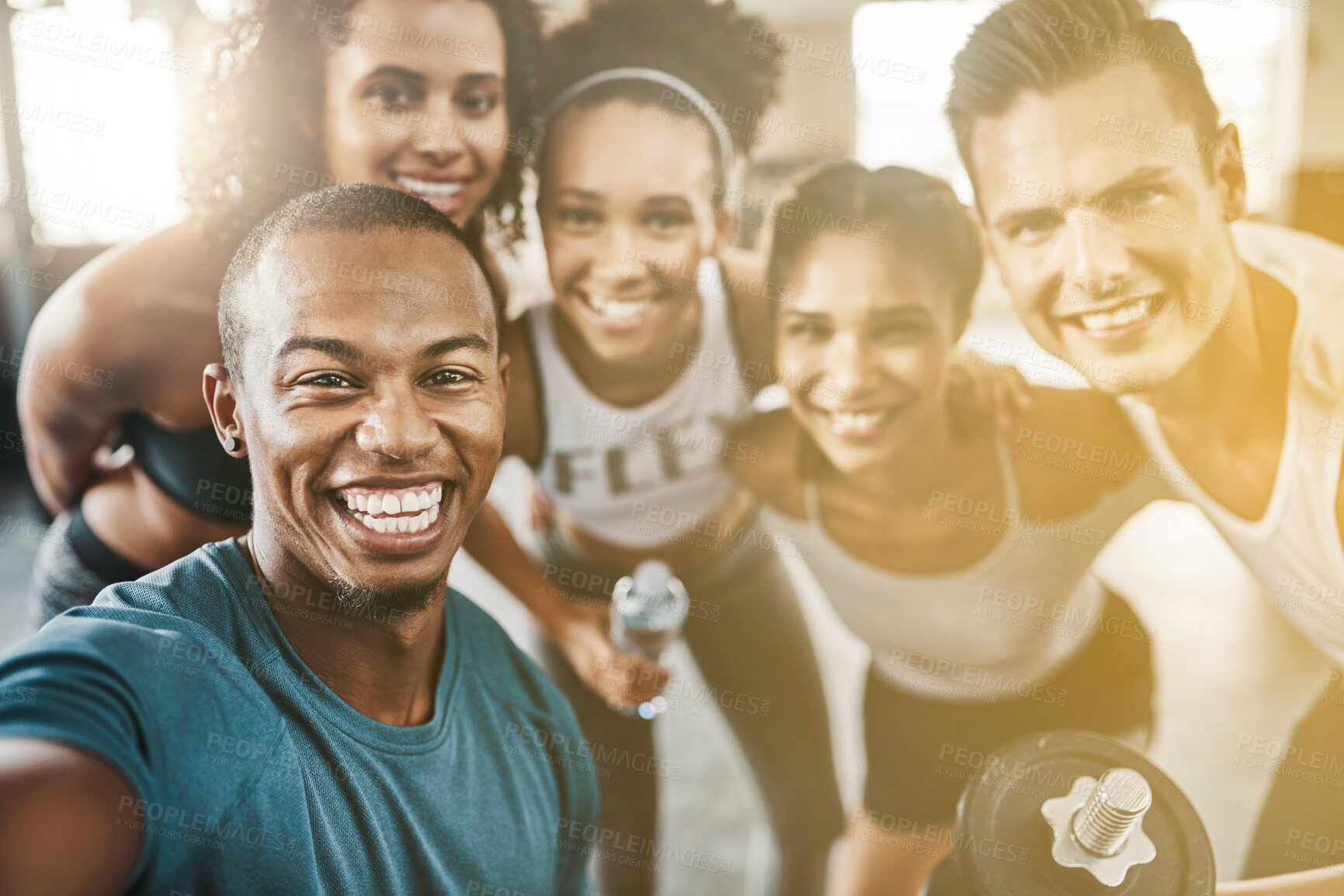 Buy stock photo Portrait, happy gym selfie and friends training for power, workout and healthy exercise together. Face of diversity fitness group, men and women with smile for photograph, pride and sports community