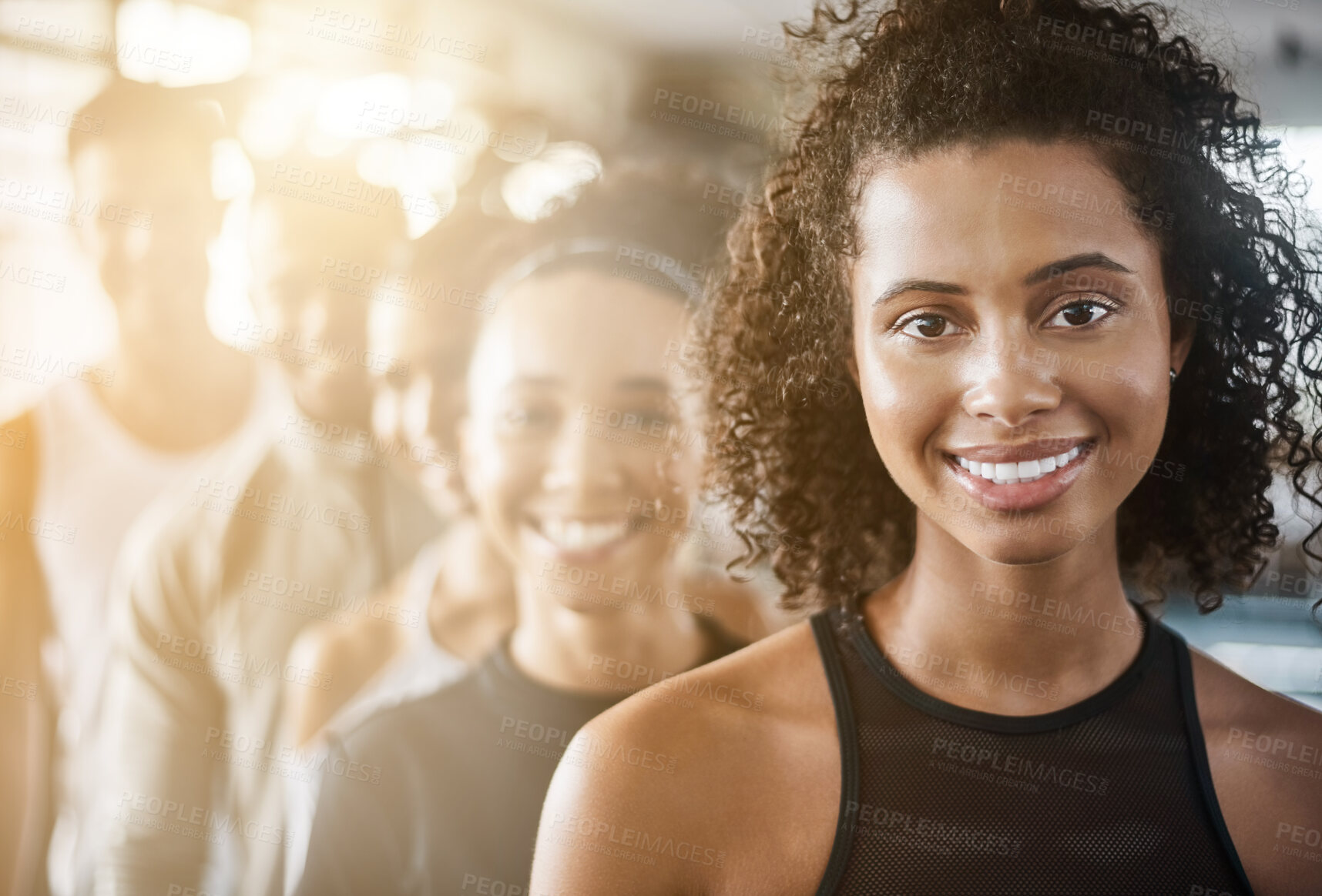 Buy stock photo Fitness, black woman and portrait with team, workout class and training in a health and wellness club. Lens flare, happy and smile with diversity and personal trainer with exercise, sports and group