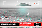 UFO, spaceship and alien in sky, earth or nature in breaking news, broadcast background or television recording. Spacecraft, glow and research or surveillance with warning sign, scifi or tv broadcast