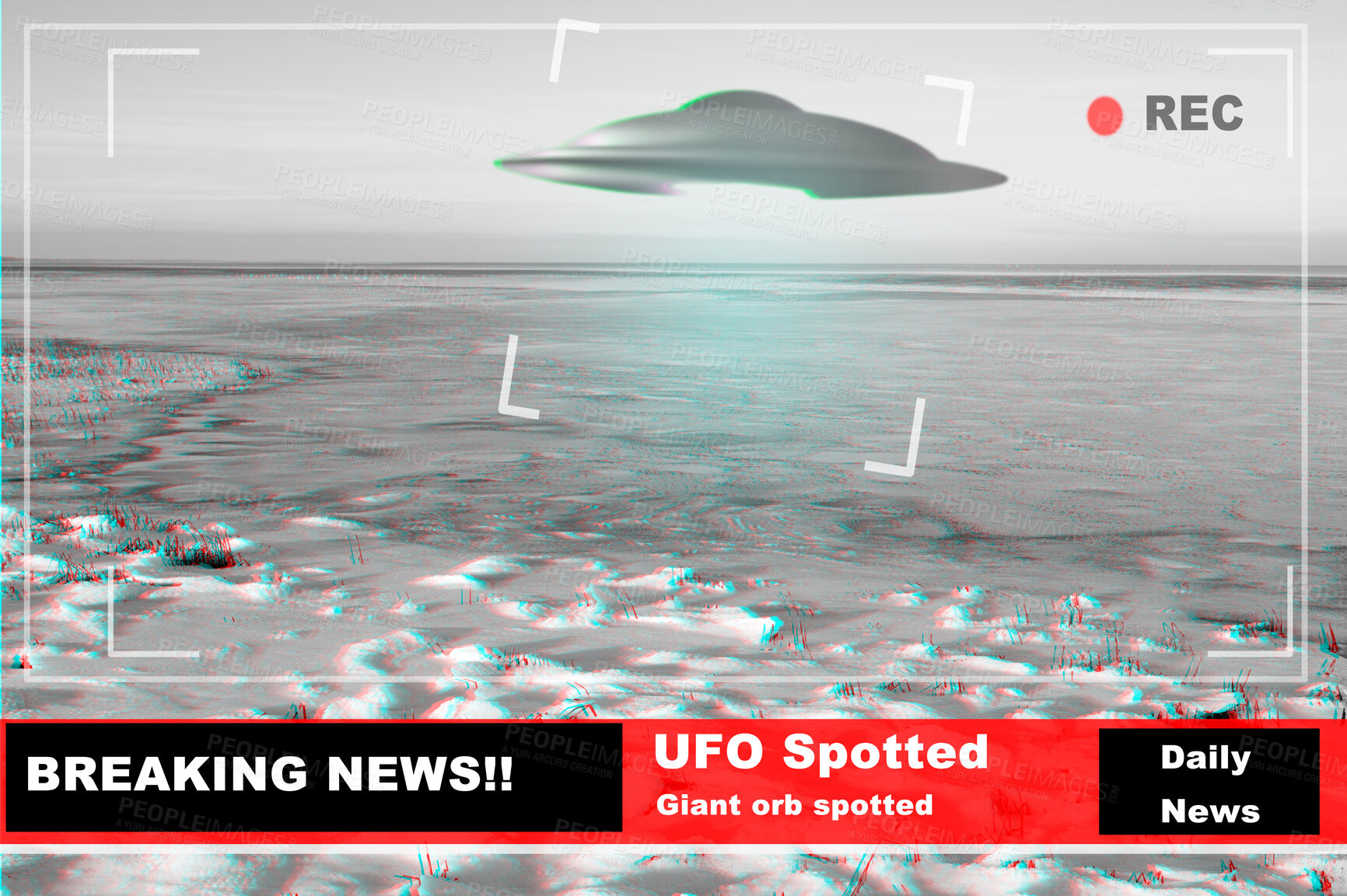 Buy stock photo UFO, spaceship and alien in sky, earth or nature in breaking news, broadcast background or television recording. Spacecraft, glow and research or surveillance with warning sign, scifi or tv broadcast