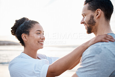 Buy stock photo Couple, hug or bonding on beach at sunset for Portugal summer holiday, vacation or travel break by nature ocean. Smile, support or love trust for relax man and happy woman by sea for romantic sunrise