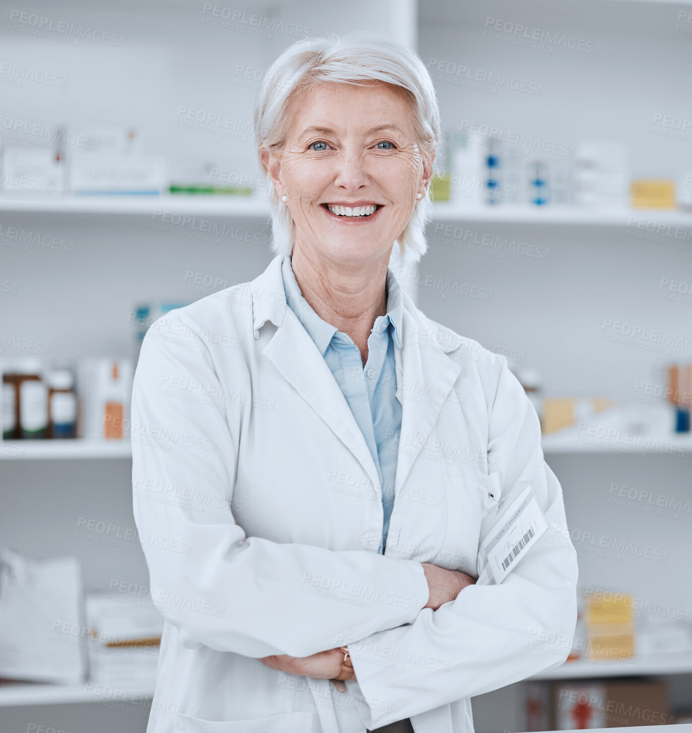 Buy stock photo Pharmacy, arms crossed and portrait of woman pharmacist in dispensary, clinic or hospital for medicine. Medical, healthcare and senior professional doctor or drug store manager with checklist