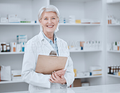 Buy stock photo Pharmacy, clipboard and portrait of woman pharmacist in dispensary, clinic or hospital for medicine with smile. Medical, healthcare and senior professional doctor or drug store manager with checklist