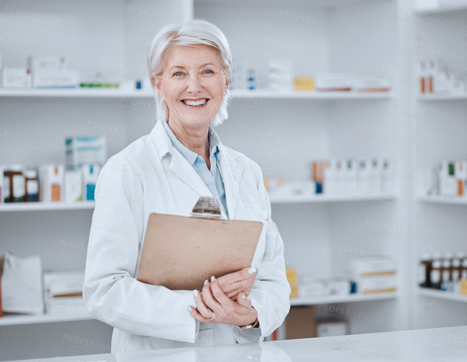 Buy stock photo Pharmacy, clipboard and portrait of woman pharmacist in dispensary, clinic or hospital for medicine with smile. Medical, healthcare and senior professional doctor or drug store manager with checklist