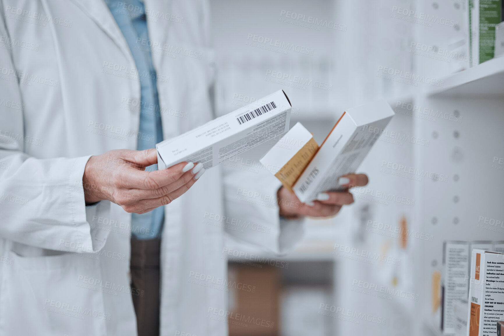 Buy stock photo Person, pharmacist and hands with boxes of medication, pharmaceutical or pills on shelf at drugstore. Closeup of medical or healthcare employee with drugs, prescription meds or inspection at pharmacy