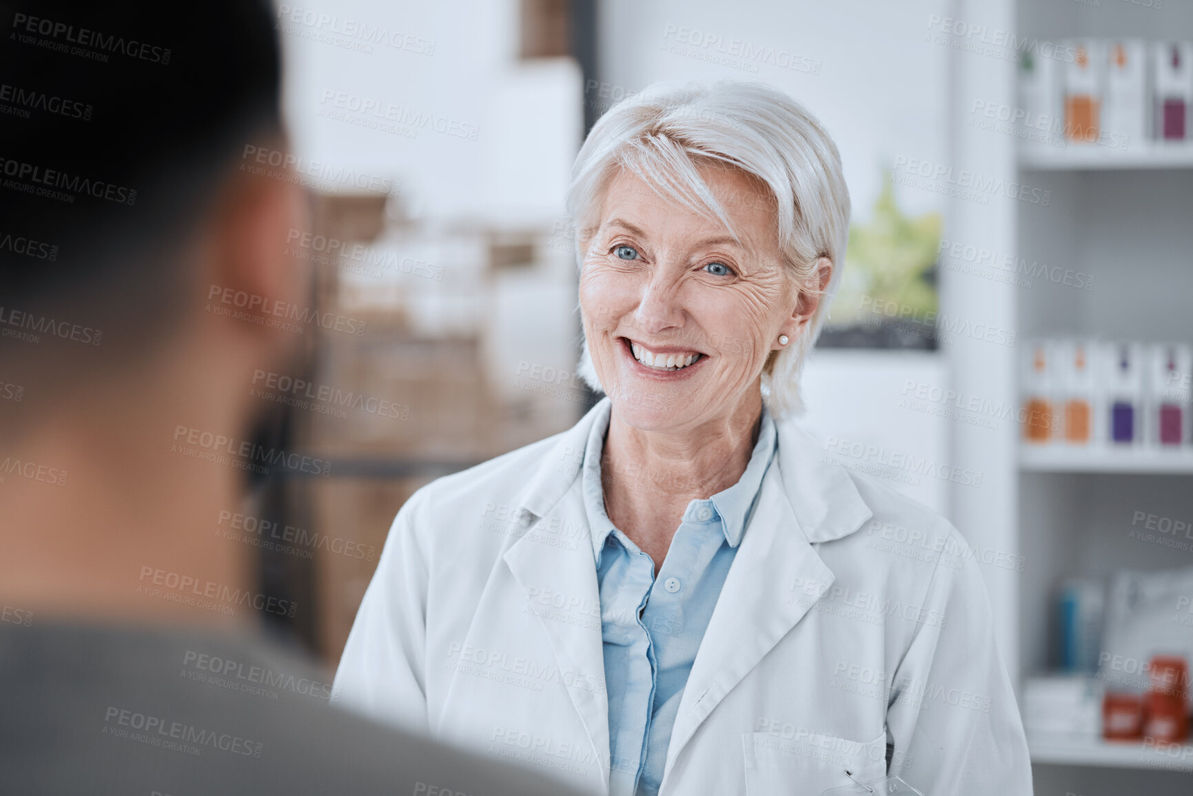 Buy stock photo Happy senior woman, pharmacist and customer in consultation for medication or prescription at drugstore. Mature female medical or healthcare employee smile with patient in pharmaceutical at pharmacy