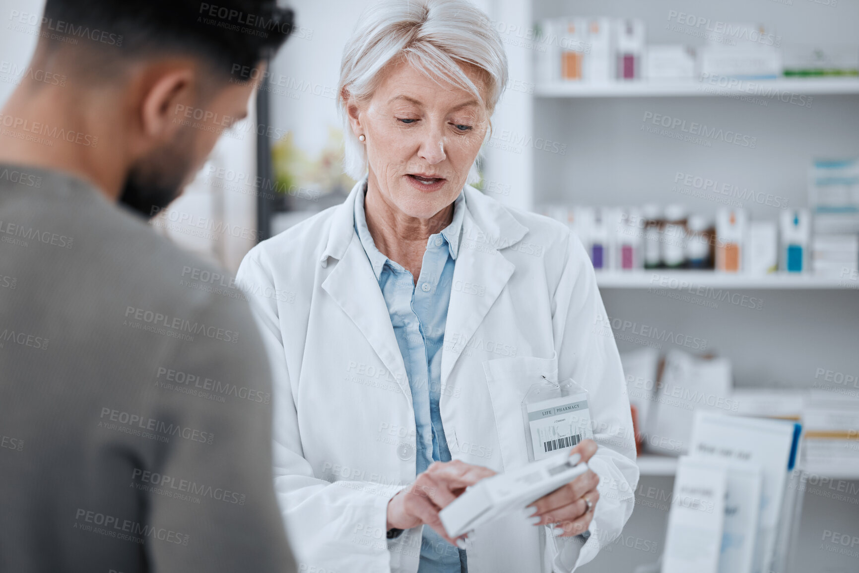 Buy stock photo Senior woman, pharmacist and customer in consultation for medication or prescription at drugstore. Mature female person, medical or healthcare employee with patient and pharmaceuticals at pharmacy