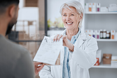 Buy stock photo Happy senior woman, pharmacist and patient in consultation for medication or prescription at pharmacy. Mature female person, medical or healthcare employee consulting customer on pharmaceutical drugs