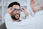 Eye care, glasses for vision and lens, choice and optometrist with patient, health and test at clinic. Prescription eyewear for sight and assessment, wellness and people with frame and optometry