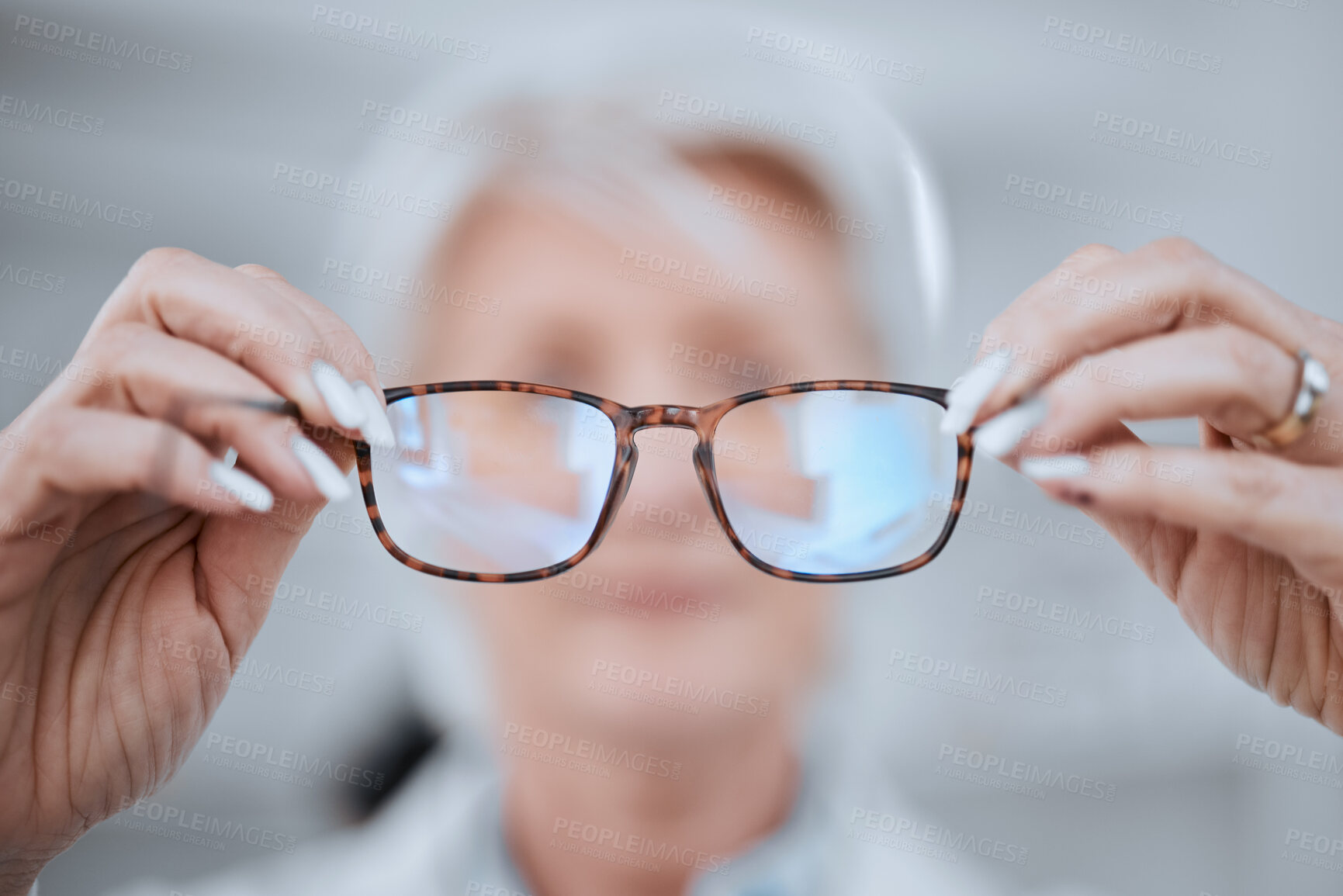 Buy stock photo Optometry, consulting and pov with doctor and glasses for vision, eye care and assessment. Help, healthcare and wellness with closeup of person in clinic for shopping, insurance and ophthalmology