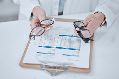 Buy stock photo Clipboard, optometry and glasses for vision and eye care or wellness in an optical clinic. Checklist, medical and closeup of prescription spectacles with lens for optometrist or oculist treatment.