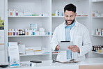 Man, clipboard and pharmacist with checklist for stock, drugs and health with quality assurance. Pill dispensary at hospital, pharmacy and check inventory with healthcare, wellness and medicine data