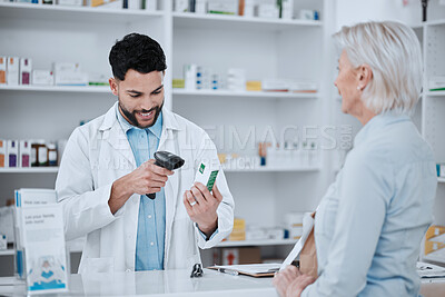 Buy stock photo Happy man, pharmacist and scanning box for customer in consultation, medication or pills at pharmacy. Male person, medical or healthcare employee checking price on pharmaceutical product at drugstore