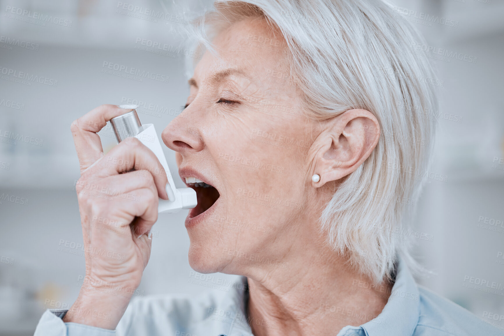 Buy stock photo Senior woman, asthma inhaler and pump for pharmaceutical product, health and care. Elderly patient, breathe and spray for oxygen, wellness and emergency for lungs, mouth and thinking with medicine