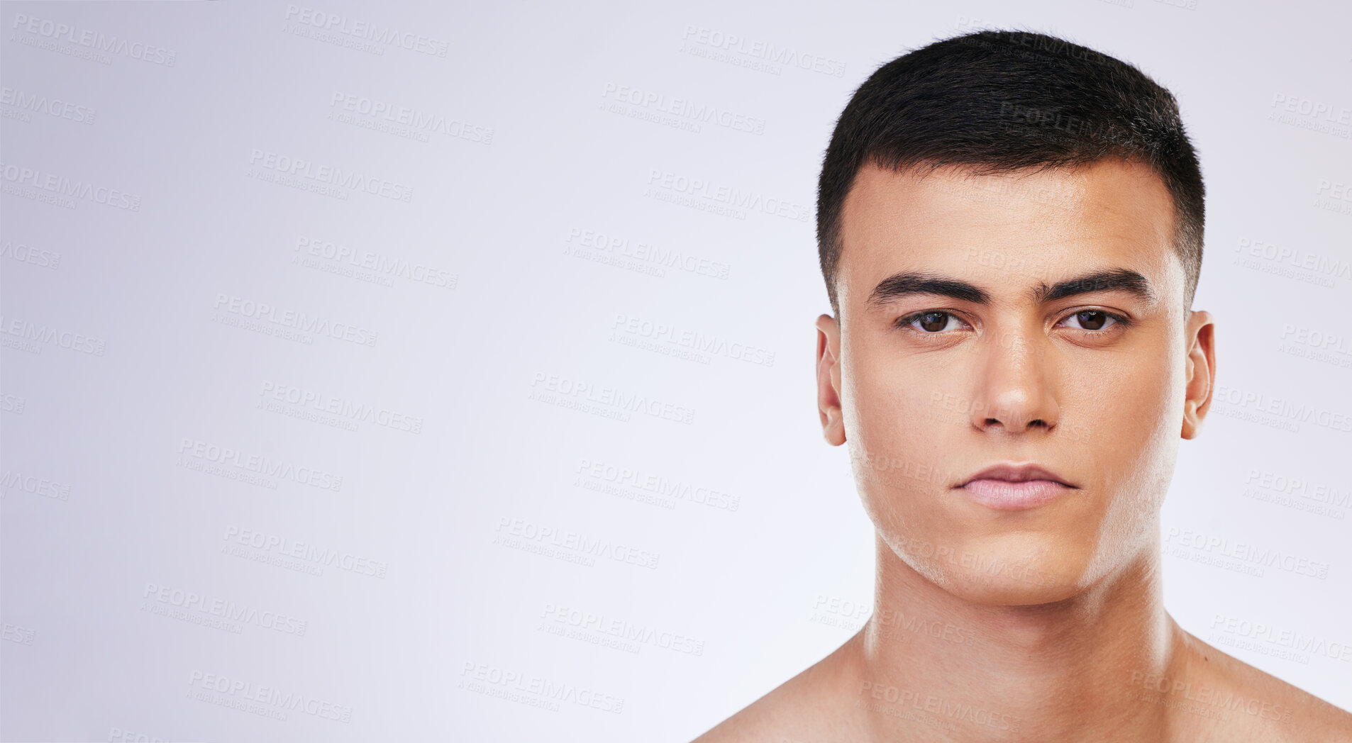 Buy stock photo Man, portrait and skincare with facial and beauty treatment for skin glow and wellness in studio, Serious model, dermatology and cosmetics for relax face on white background, banner and mockup space 