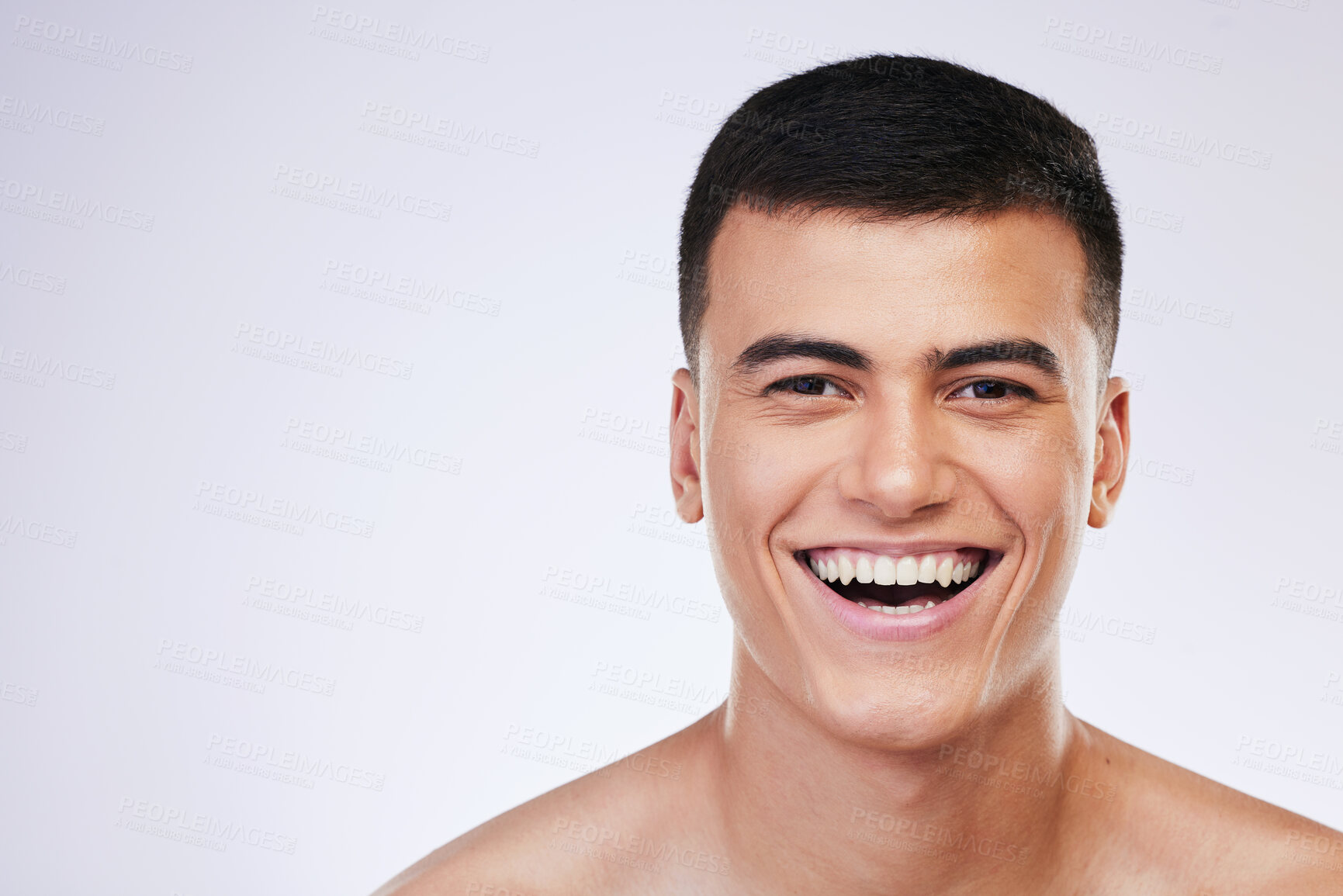 Buy stock photo Man, smile portrait and skincare with facial and beauty treatment for skin glow and wellness in studio, Happy male model, dermatology and cosmetics for face with white background and mockup space 