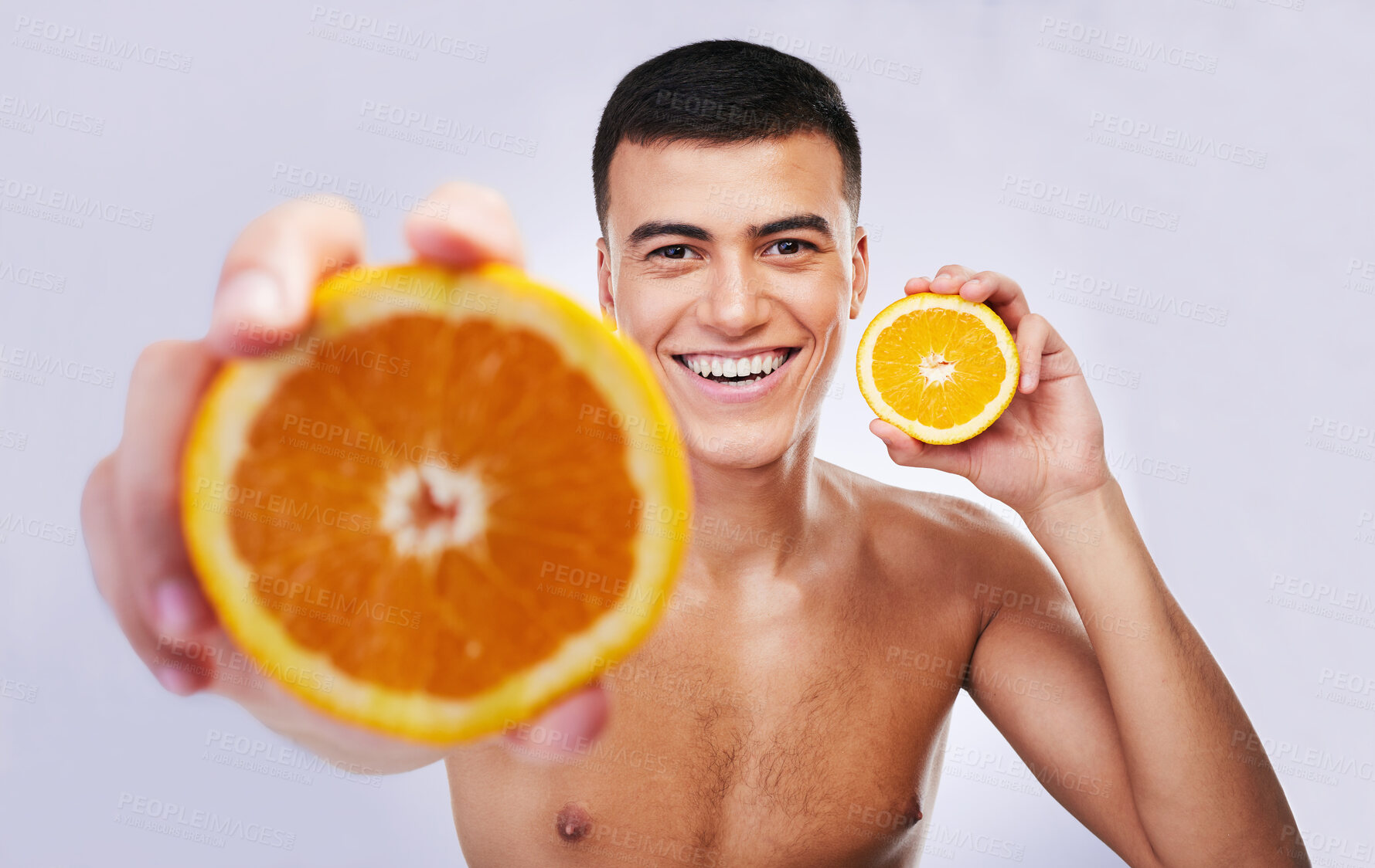 Buy stock photo Happy man, portrait and orange in vitamin C, diet or skincare against a white studio background. Male person or model smile with organic citrus fruit for natural nutrition, health and wellness