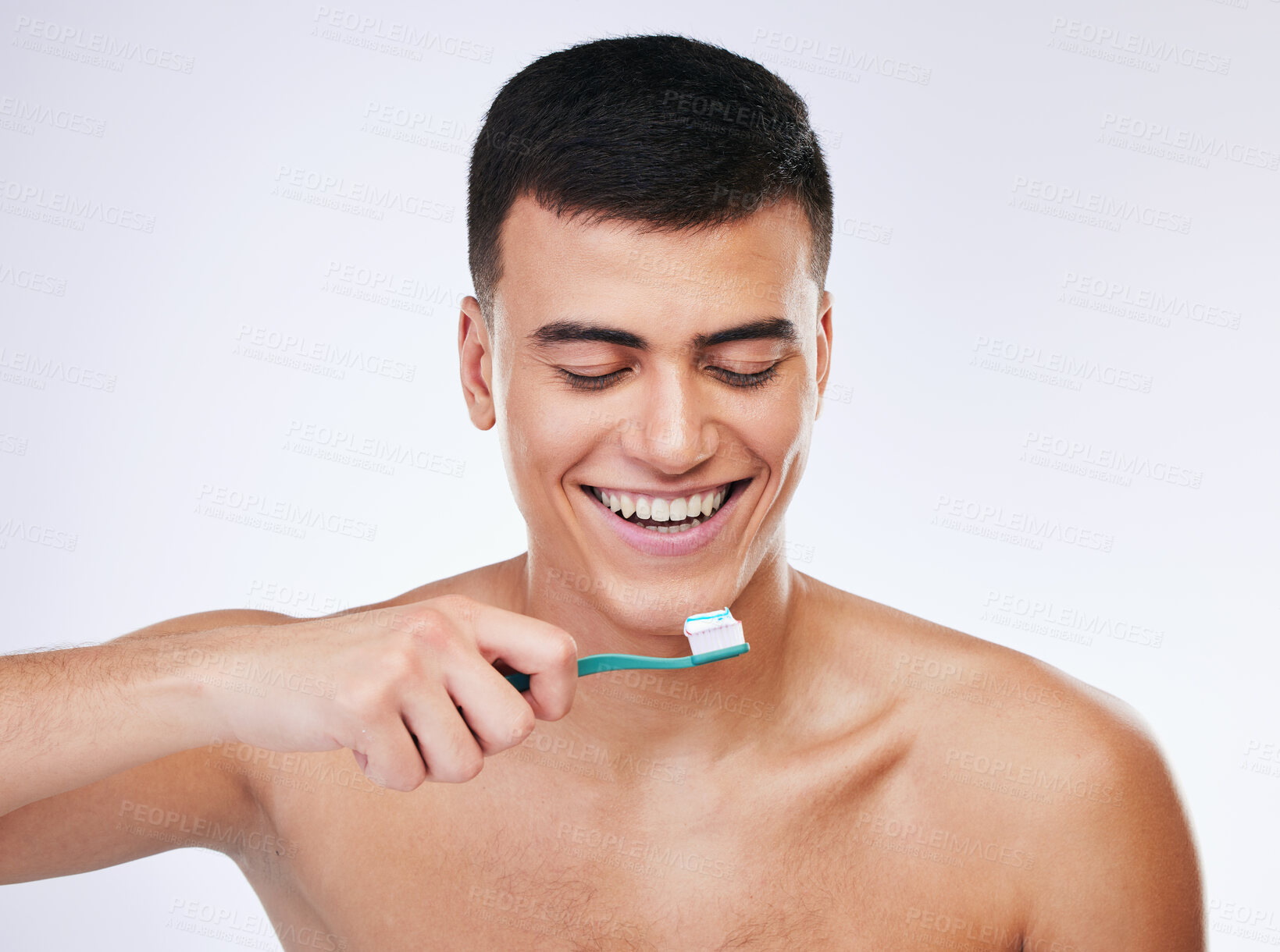 Buy stock photo Happy man, toothbrush and dental care in hygiene, grooming or brushing teeth against a white studio background. Male person with big smile or toothpaste in tooth whitening, cleaning or oral treatment