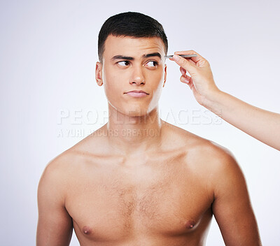 Buy stock photo Man, tweezer and skincare with doubt and beauty treatment for epilation and wellness in studio. Male model, dermatology and hair removal tool for eyebrows pull and hand on face with white background