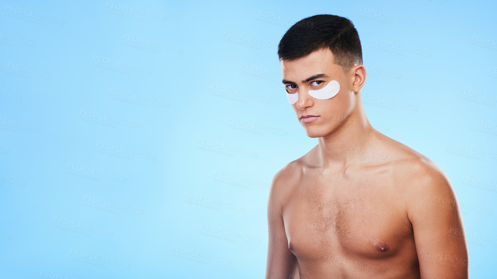 Buy stock photo Man, beauty and banner with eye patch for skincare, grooming and clean with hygiene on blue background. Skin treatment, cosmetics product and mockup space, portrait and dermatology in a studio