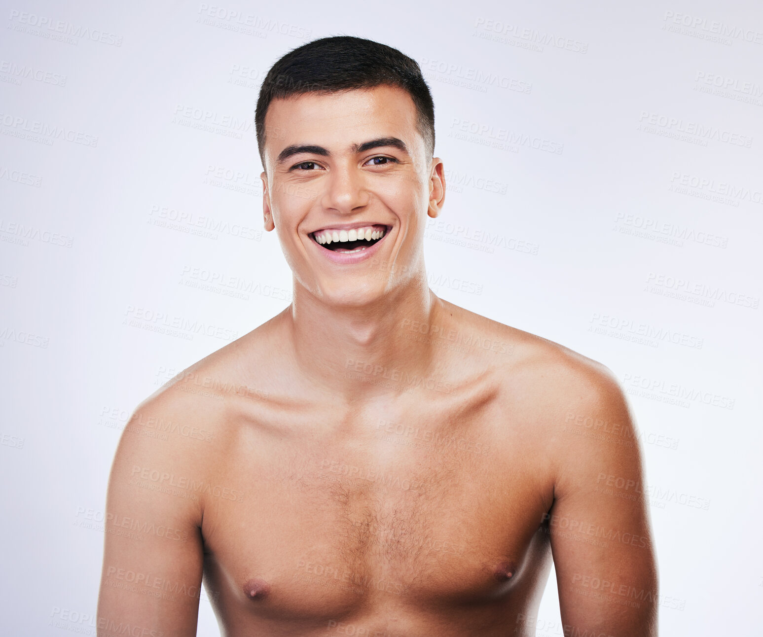 Buy stock photo Happy man, portrait and skincare with facial and beauty treatment for skin glow and wellness in studio. Male model smile, dermatology and cosmetics for relax face with white background and confidence