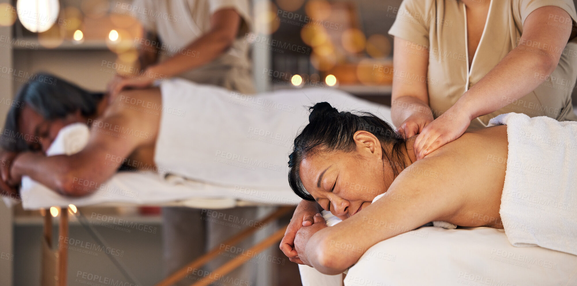 Buy stock photo Relax, massage and zen with couple in spa for wellness, body treatment and hospitality. Peace, cosmetics and salon with senior Asian man and woman in hotel for health, vacation and physical therapy