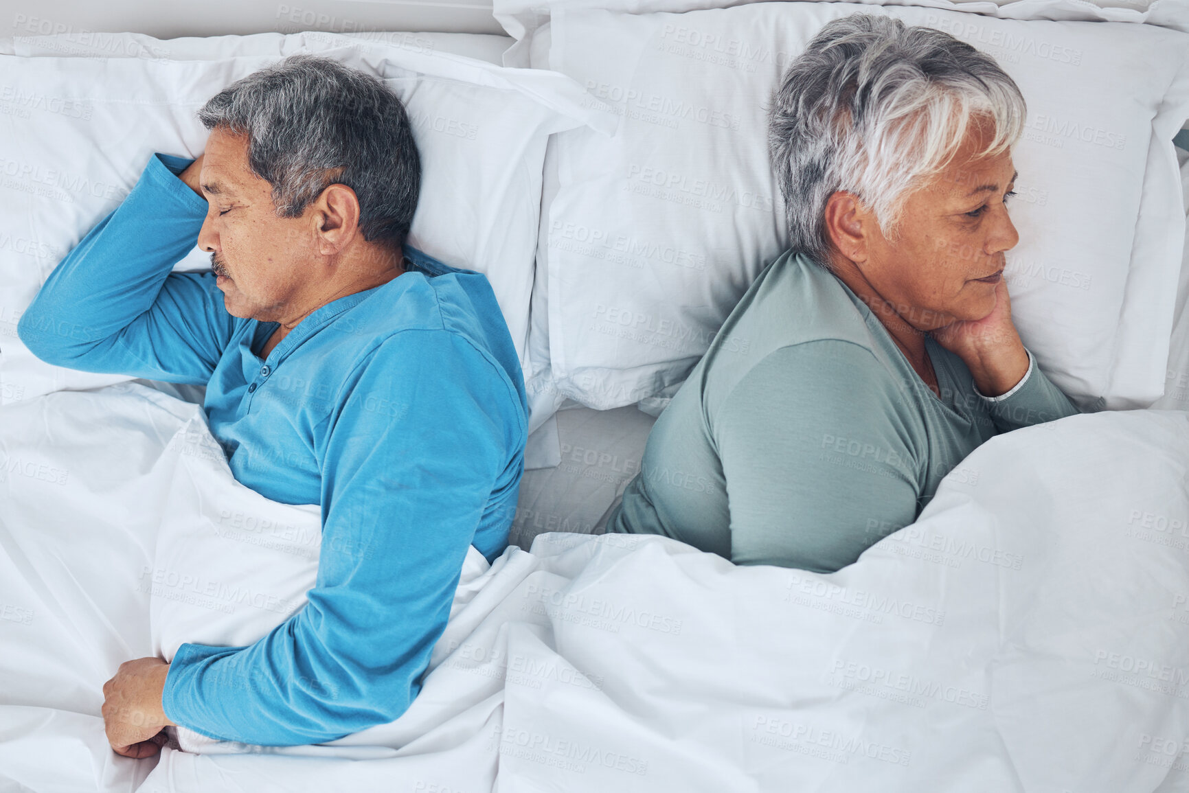 Buy stock photo Sleeping, above and a senior couple in a bed with fatigue in a marriage together. Top view, relax and a tired elderly man and woman in the bedroom for rest, peace and napping with comfort in a house