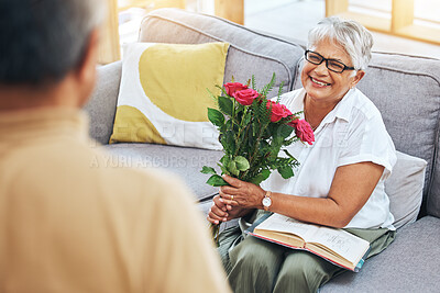 Buy stock photo Love, flowers and gift with old couple in living room for valentines day, anniversary and romance. Happy, retirement and celebration with senior man giving roses to woman in home for present and date