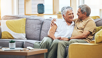 Buy stock photo Love, relax and senior couple on sofa for bonding, healthy marriage and relationship in living room. Retirement, hug and happy man and woman on couch embrace for trust, commitment and care at home