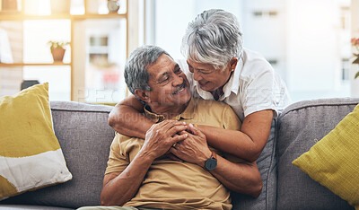 Buy stock photo Hug, relax and senior couple on sofa for bonding, healthy marriage and relationship in living room. Retirement, love and happy man and woman on couch embrace for trust, commitment and care at home