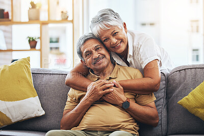 Buy stock photo Portrait, hug and senior couple on sofa for bonding, healthy marriage and relationship in living room. Retirement, love and happy man and woman on couch embrace for trust, commitment and care at home