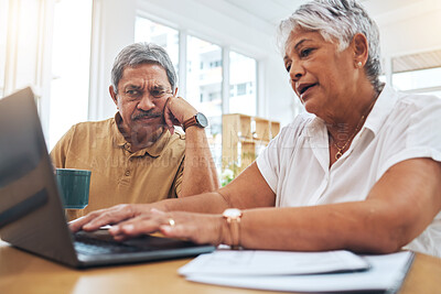 Buy stock photo Stress, debt and senior couple on laptop, typing and financial planning savings at home. Frustrated, computer and man and woman on tax, investment fail or bankruptcy challenge for bills in retirement