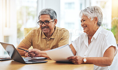 Buy stock photo Document, budget and elderly couple on laptop, happy and financial planning of savings at home. Smile, computer and man and woman on loan paperwork, investment in pension or mortgage in retirement