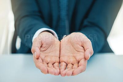 Buy stock photo Hands, poverty and a business man begging in his office for unemployment or job loss in a financial crisis. Donation, charity and help with a corporate employee asking for finance or investment