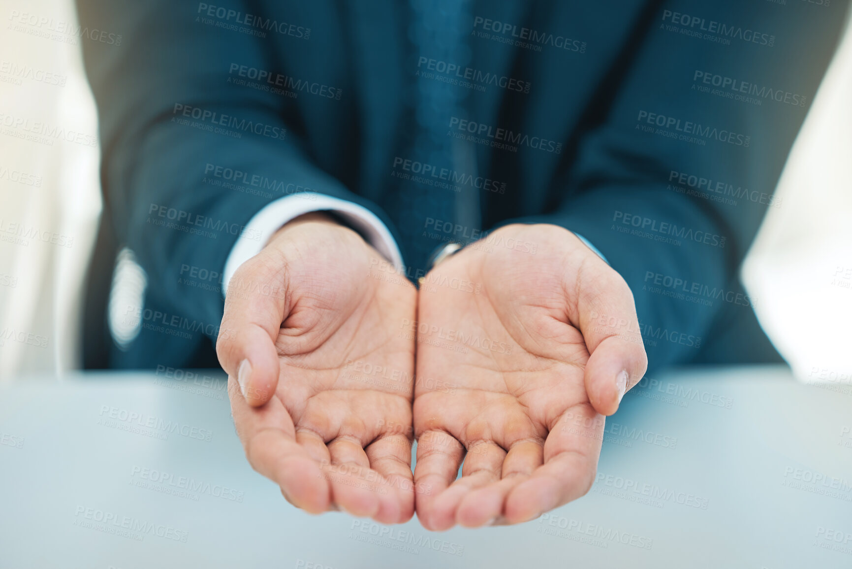 Buy stock photo Hands, poverty and a business man begging in his office for unemployment or job loss in a financial crisis. Donation, charity and help with a corporate employee asking for finance or investment