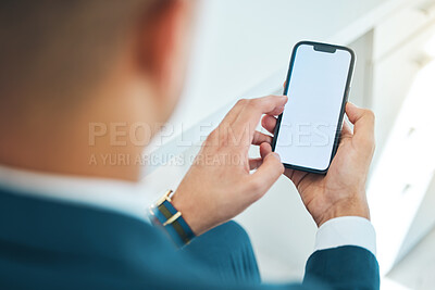 Buy stock photo Business man, hands and phone screen or space for stock market, online scroll and Web 3.0 ui or ux design mockup. Corporate person or trader FAQ, trading information and contact on mobile technology