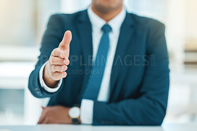 Buy stock photo Hand, business man and offer handshake for introduction, meeting and hello for HR interview, networking and trust. Closeup, employee and shaking hands for welcome, thank you and deal of b2b agreement